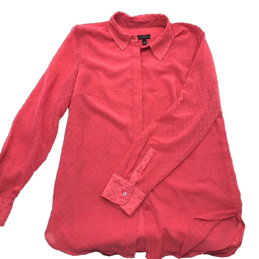 Talbots Button Shirt‎ Womens XS Pink Polka Dot Textured Sheer side slits